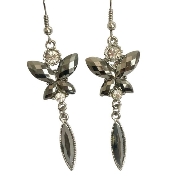 Vintage Metallic Gray Butterfly Earrings Silver Tone Crystal Acrylic Drop Dangle - Picture 1 of 7